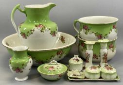 VINTAGE SIX-PIECE POTTERY TOILET SET & SIMIILAR SEVEN-PIECE DRESSING TABLE SET, 30cms H the water