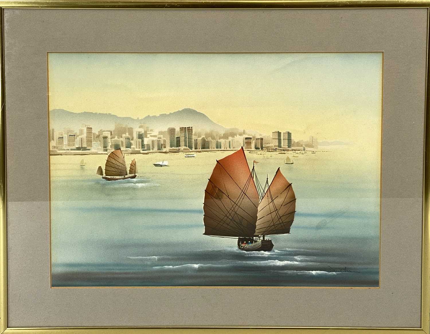 UNKNOWN oil on board - racing yachts off Portland, 30 x 40cms, and UNKNOWN gouache - Chinese junk - Image 3 of 6