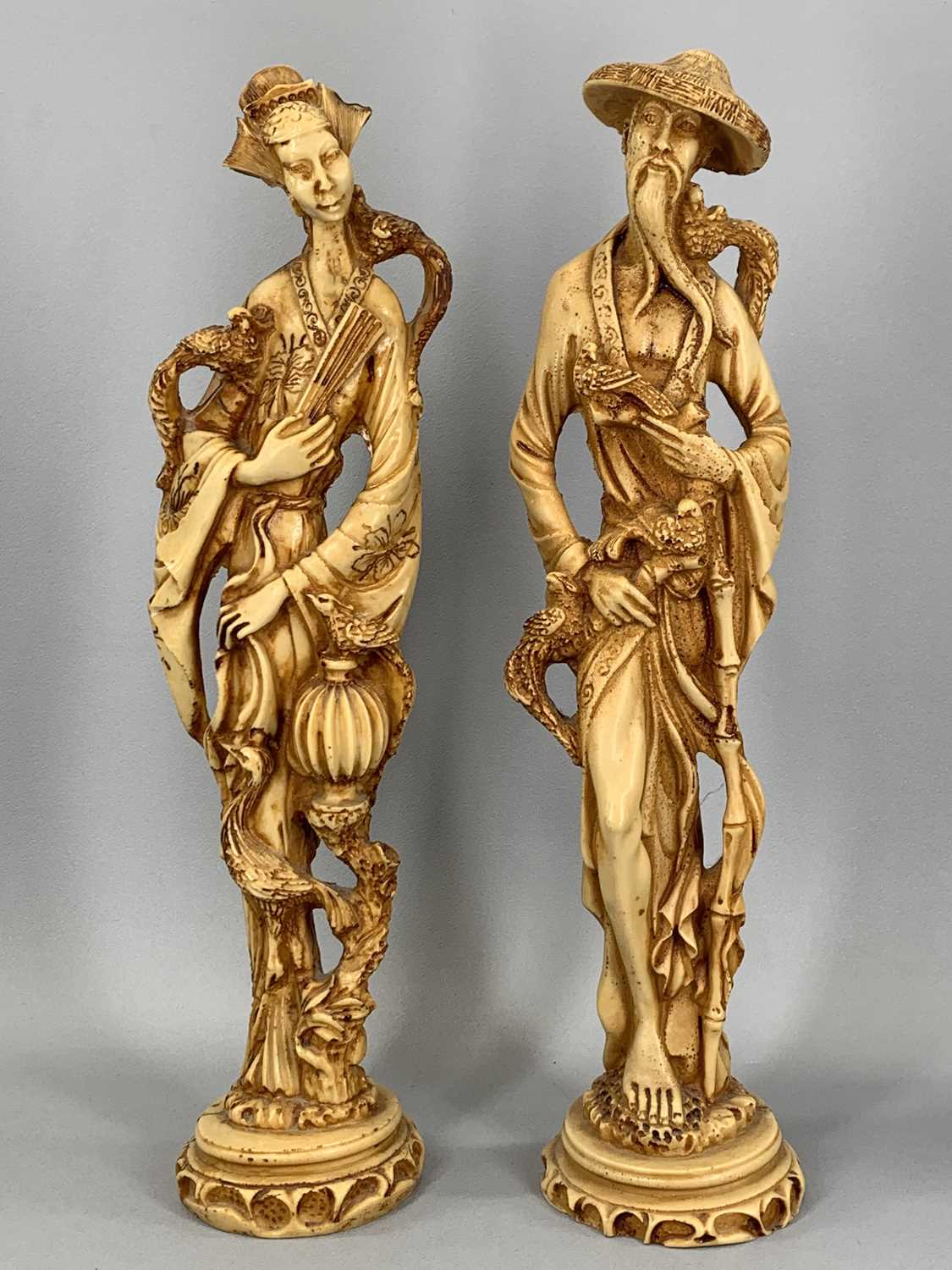 FOUR COMPOSITE ORIENTAL FIGURES, 47cms H the tallest, and various Russian lacquered drinking vessels - Image 2 of 6