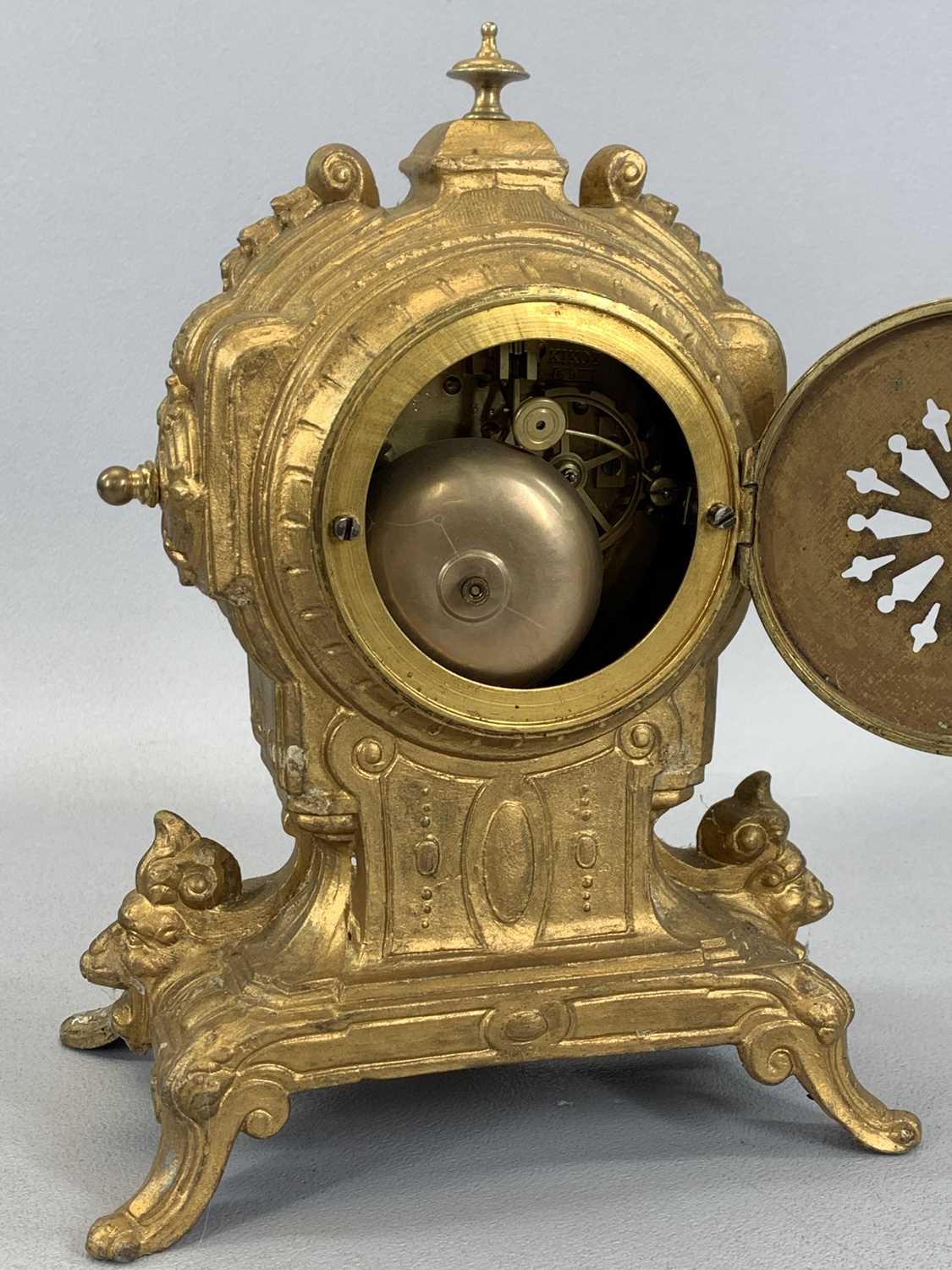 SPELTER CASED MANTEL CLOCK, cream enamel dial painted with flowers and with black Arabic numerals, - Image 7 of 8