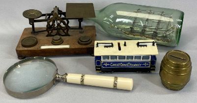 VINTAGE BRASS POSTAL SCALES WITH WEIGHTS, SHIP IN A GLASS BOTTLE ORNAMENT & OTHER DESKTOP ITEMS,