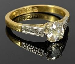 VICTORIAN 22CT GOLD SOLITAIRE DIAMOND RING, 0.50ct coronet claw mounted stone with probably platinum