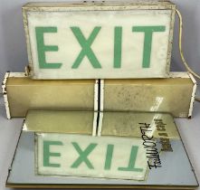VINTAGE METAL FRAMED ILLUMINATED EMERGENCY EXIT BOX SIGN with perspex front and green lettering,