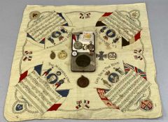 WWI ITEMS, LATER BADGES & MEDALLIONS ETC, to include a large handkerchief, the four corners with