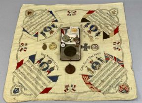 WWI ITEMS, LATER BADGES & MEDALLIONS ETC, to include a large handkerchief, the four corners with