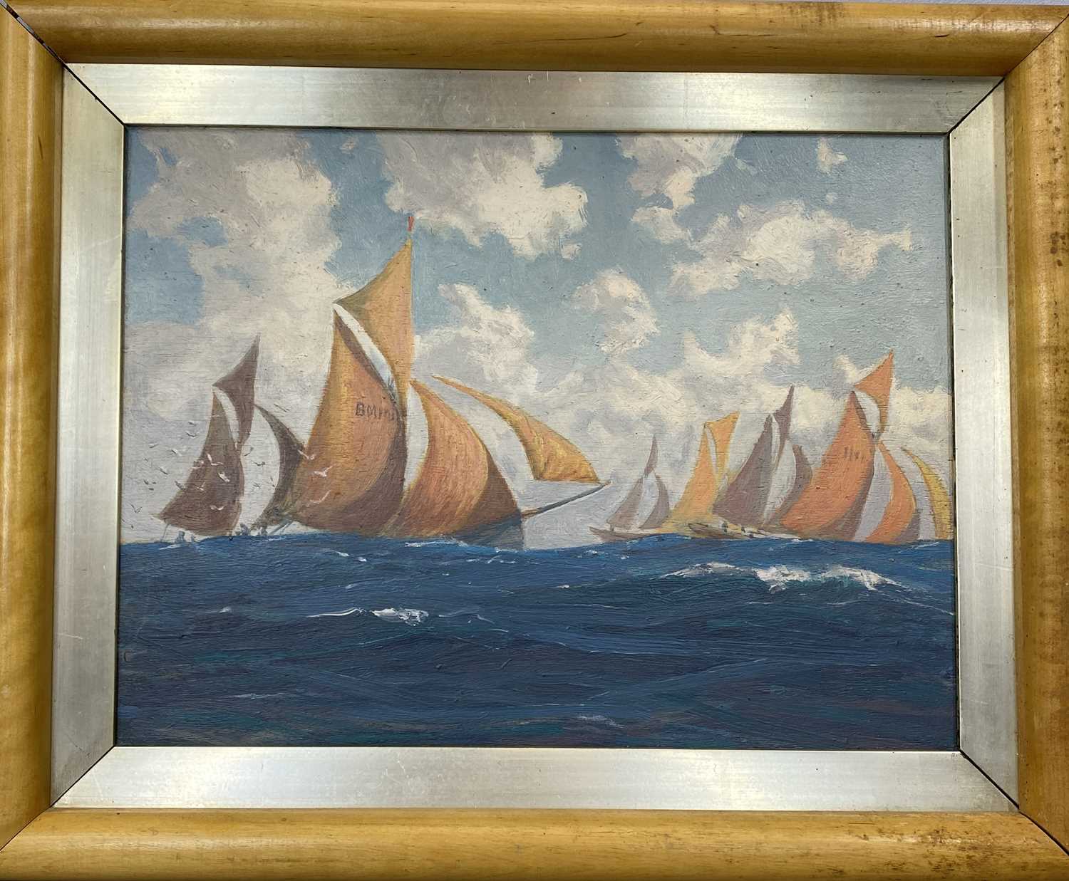 UNKNOWN oil on board - racing yachts off Portland, 30 x 40cms, and UNKNOWN gouache - Chinese junk - Image 5 of 6