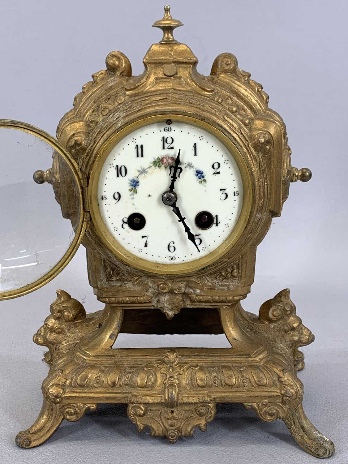 SPELTER CASED MANTEL CLOCK, cream enamel dial painted with flowers and with black Arabic numerals, - Image 6 of 8