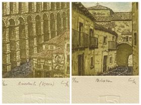 ARTIST'S PROOF COLOUR ETCHINGS, A PAIR - Pedraza and Aqueducts (Segovia), signed, numbered and