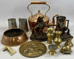 COPPER, BRASS & METAL WARE including pair of Marley spelter figures, 20cms H, Victorian circular