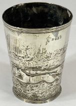 GEORGE III SILVER HUNT SCENE BEAKER embossed and chased decoration depicting a huntsman with dogs,