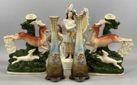 VICTORIAN STAFFORDSHIRE FLATBACKS & PAIR OF TALL AUSTRIAN POTTERY VASES, the flatbacks include a