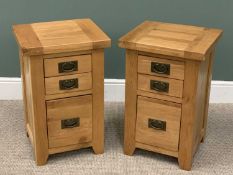 PAIR OF ULTRA MODERN OAK THREE DRAWER BEDSIDE CHESTS, the drawers having metal back plates with