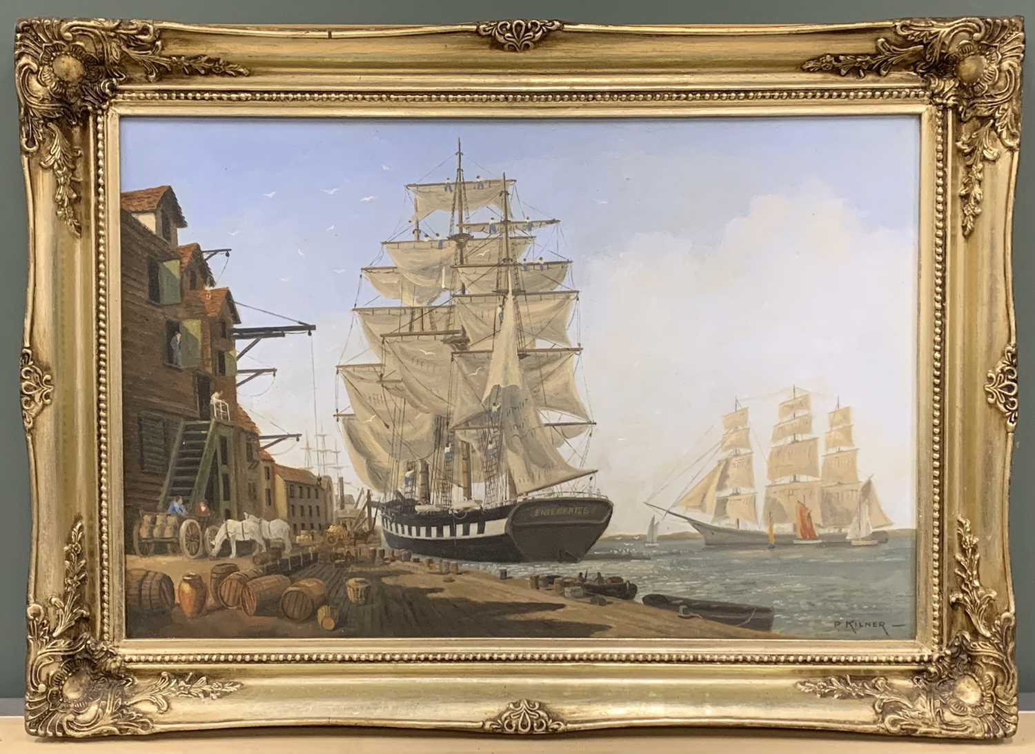 P KILNER (20th Century) oil on canvas - full rigged sailing ships at a dockside, 49 x 75cms - Image 2 of 4