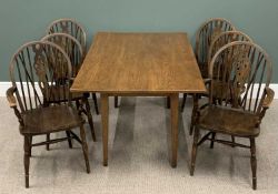 VINTAGE OAK DINING TABLE & SET OF SIX (4+2) SPINDLE DINING CHAIRS with wheelback central splats,