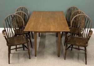 VINTAGE OAK DINING TABLE & SET OF SIX (4+2) SPINDLE DINING CHAIRS with wheelback central splats,