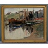 EARLY 20TH CENTURY BRITISH SCHOOL oil on board - depicting Thames type barges on a river near a tall