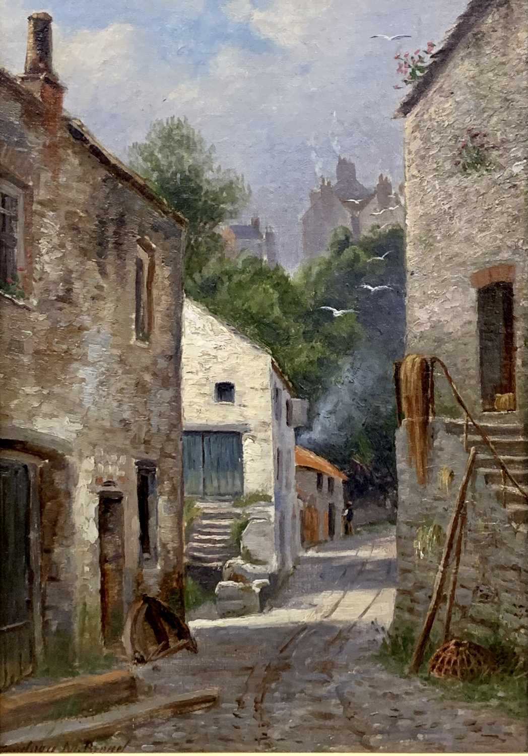 SIDNEY M BROAD oil on board - of a narrow fishing village street, signed lower left, 36 x 25cms, - Image 5 of 7