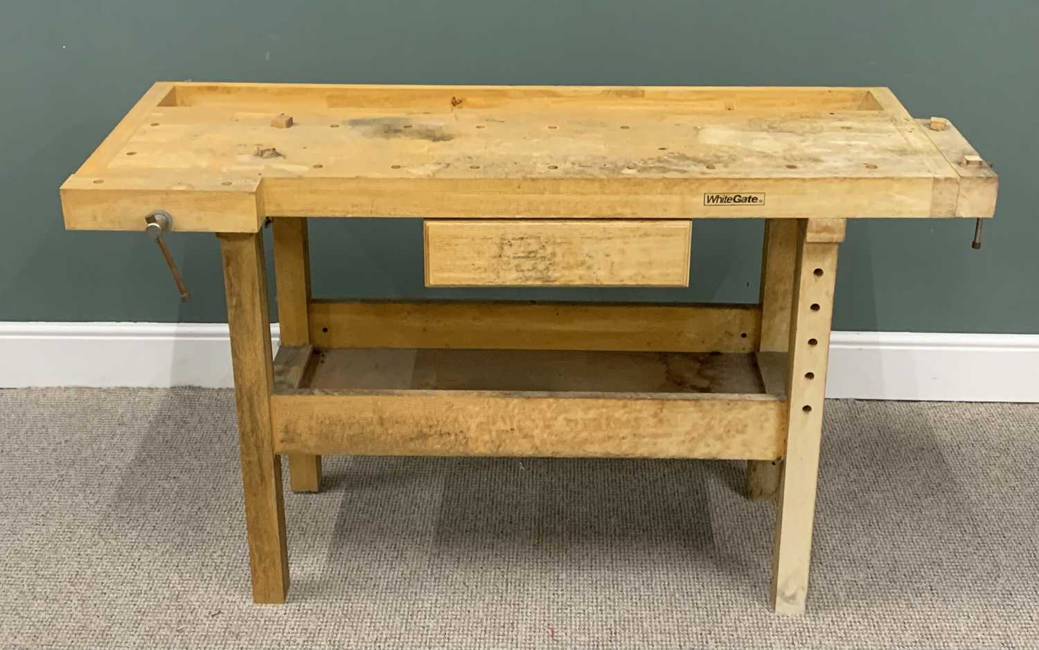 WHITEGATE WOODWORKERS BENCH WITH TWO INTEGRAL VICES, central drawer and undertier work shelf,