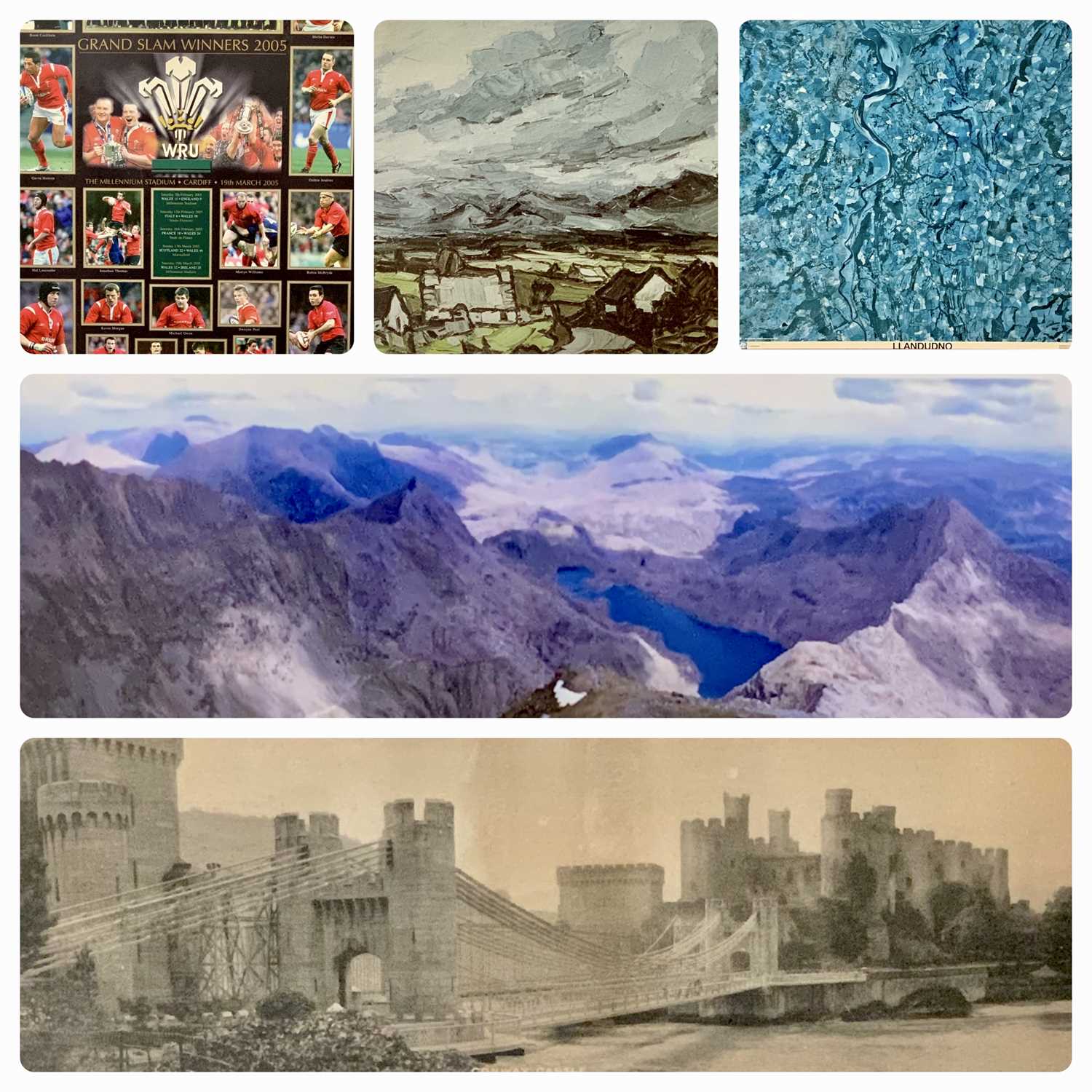 FIVE VARIOUS FURNISHING PRINTS comprising panoramic Photo Co Birmingham view of Conwy Castle without