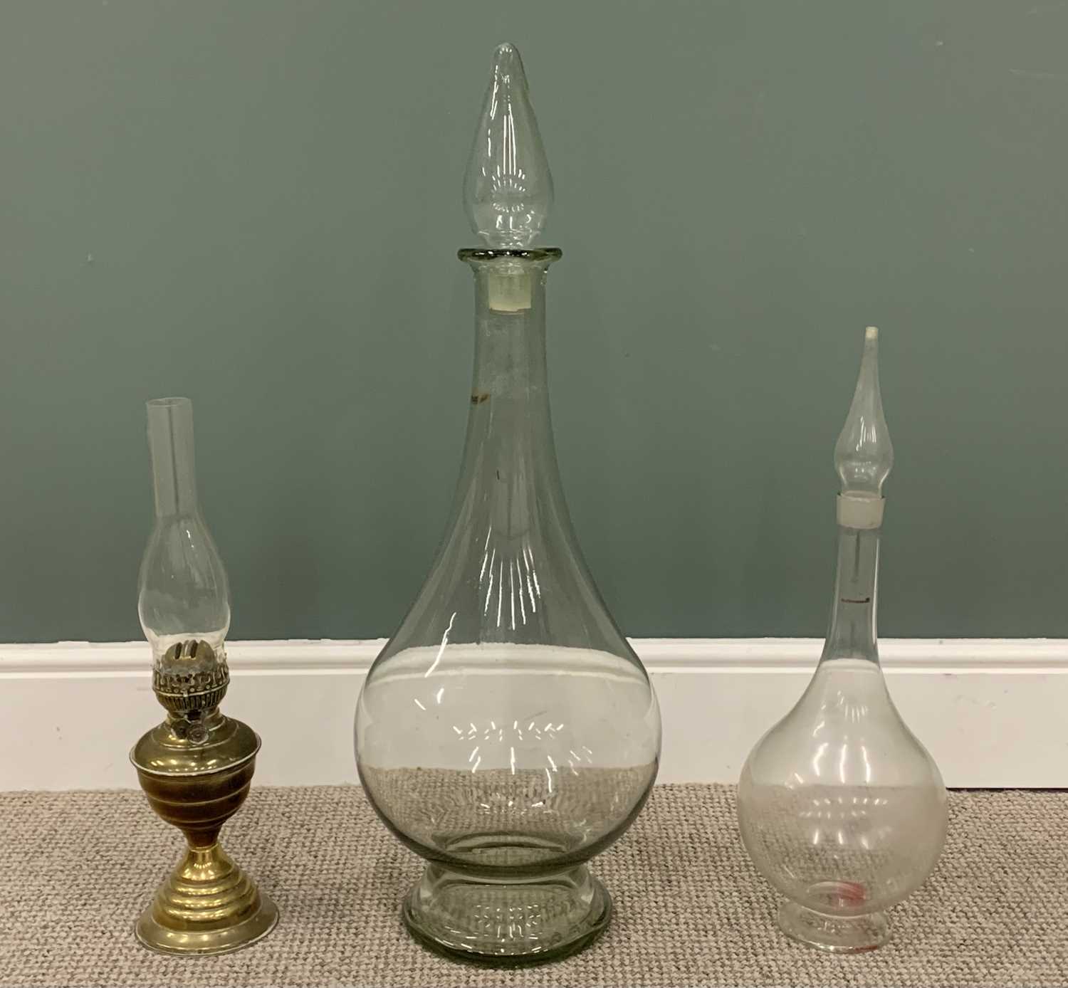 APOTHECARY GLASS DISPLAY CARBOYS x 2 & VINTAGE BRASS OIL LAMP, both carboys with original