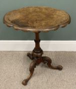 VICTORIAN INLAID BURR WALNUT TRIPOD OCCASIONAL TABLE, having a shaped apron edged top on a turned
