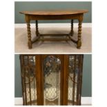 VINTAGE OAK OVAL TOP DINING TABLE on barley twist supports, with bowed end double cross stretcher,