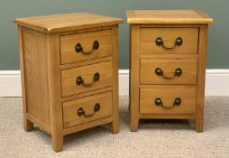 PAIR OF MODERN OAK THREE-DRAWER BEDSIDE CHEST with swing pull handles, 57.5cms H, 40cms W, 35cms D