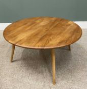 ERCOL LIGHT ELM CIRCULAR TOP COFFEE TABLE, trace original label, 43cms H, 87cms top diam.