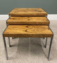 STYLISH MID-CENTURY CHROME & ROSEWOOD VENEERED TEAK NEST OF THREE TABLES, circa 1970s, 46cms H, 57.