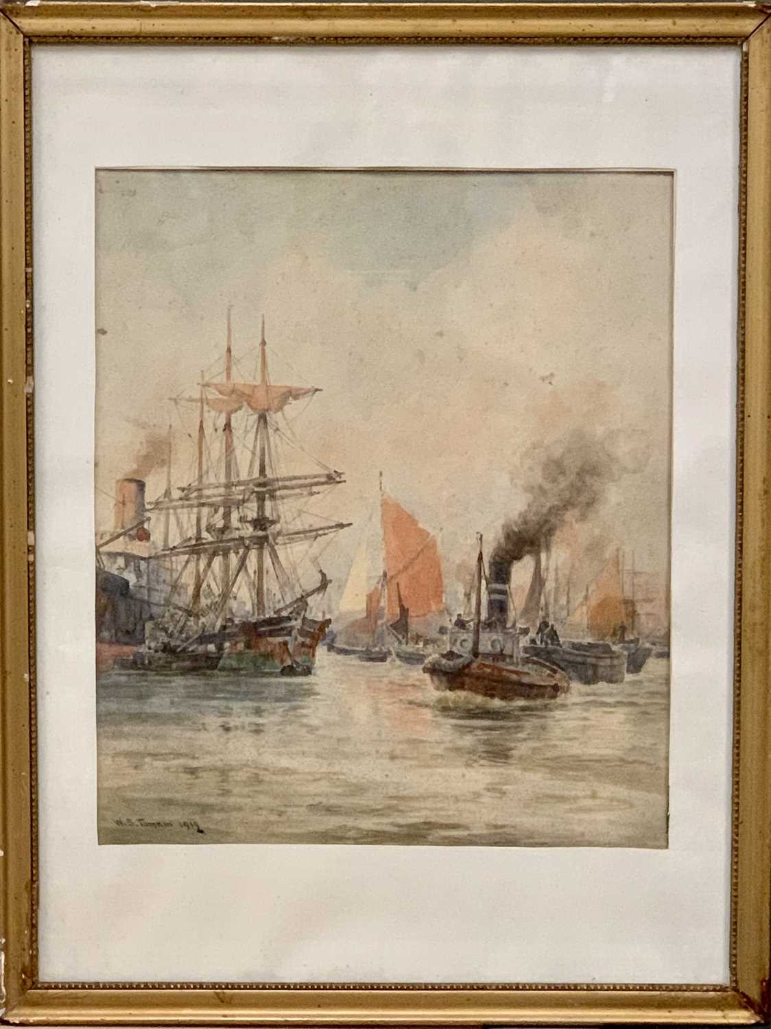 W S TOMKIN watercolour - busy harbour scene showing masted ships, steamers, tug boat and barges, - Image 2 of 3
