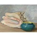 UNATTRIBUTED oil on board - early 20th Century still life study of a large conch shell and a bowl,