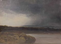 JOHN SINCLAIR (active 1871-1922) gouache - rocky inlet with gulls and an atmospheric / stormy sky,