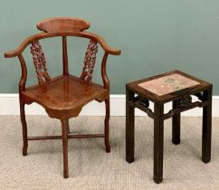 TWO CHINESE HARDWOOD FURNITURE ITEMS, comprising a corner chair with openwork carved splats to a