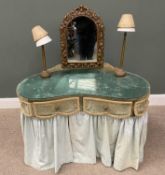 VINTAGE KIDNEY SHAPED DRESSING TABLE having a later gilt scroll form mirror and two side lamps,