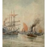 W S TOMKIN watercolour - busy harbour scene showing masted ships, steamers, tug boat and barges,