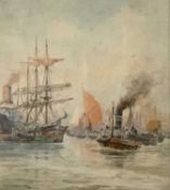 W S TOMKIN watercolour - busy harbour scene showing masted ships, steamers, tug boat and barges,