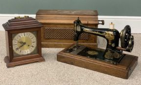 CASED VINTAGE SINGER HAND CRANK SEWING MACHINE, and a modern bell strike bracket-type mantel