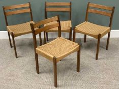 MID-CENTURY SET OF FOUR TEAK DINING CHAIRS BY NIELS MOLLER with cord seats, semi curved backs with