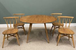 ERCOL BLONDE ELM & BEECH DINING TABLE AND FOUR CANDLESTICK BACK DINING CHAIRS, 71.5cms H, 113cms