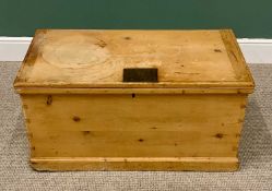 VICTORIAN STRIPPED PINE CAPTAIN'S CHEST with iron side carry handles and top brass plaque stamped 'A