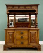 CARVED OAK MIRRORBACK SIDEBOARD CIRCA 1890, having corbel detail to an inverted stepped cornice over