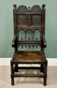 ANTIQUE GOTHIC CARVED OAK ARMCHAIR, shaped crest-rail with floral carving, the Roman numerals XIII