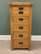 MODERN OAK BEDROOM CHEST OF FIVE DRAWERS, with metal back plates and swing pull handles, on stile