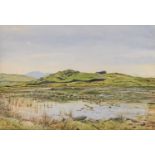 JOHN SINCLAIR (active 1871-1922) watercolour - of rolling hills and lily pads on a lake to the