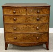 VICTORIAN MAHOGANY BOW FRONT CHEST, two short over three long drawers with turned wooden knobs, on