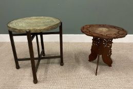 TWO FOLDING OCCASIONAL TABLES comprising brass top circular example with Persian-style decoration on