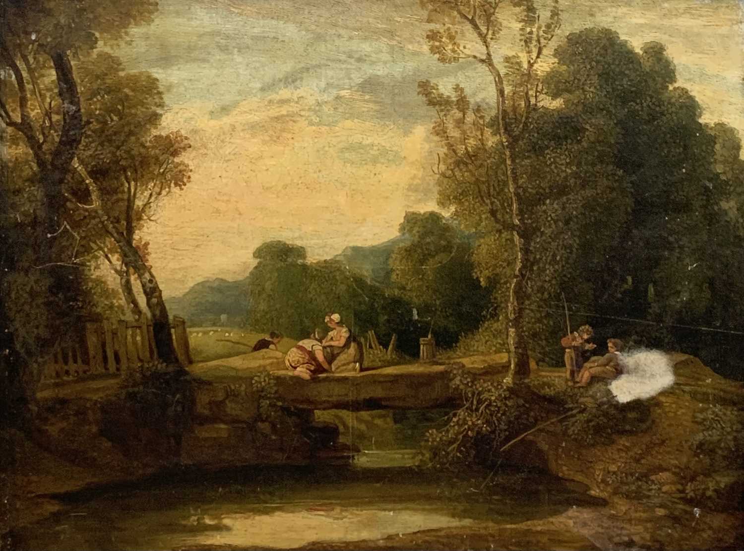 ENGLISH SCHOOL oil on canvas - depicting children fishing along with ladies on a stone bridge,