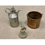 THREE ITEMS OF MIXED METALWARE comprising polished barge-type water / milk can, 51.5cms H, copper