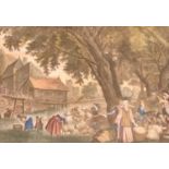 UNKNOWN antique colour mezzotint - busy continental sheep shearing scene, no visible title, in a