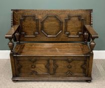 GOOD JACOBEAN-STYLE OAK MONK'S BENCH, having applied moulding to the back and lower panels, carved